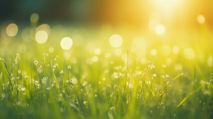 Natural grass field background with blurred bokeh and sun rays