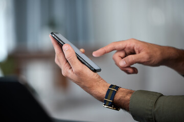 Phone, office and hands of business man online for planning, social media and network. Corporate, professional and closeup of male worker on smartphone for communication, website and mobile app