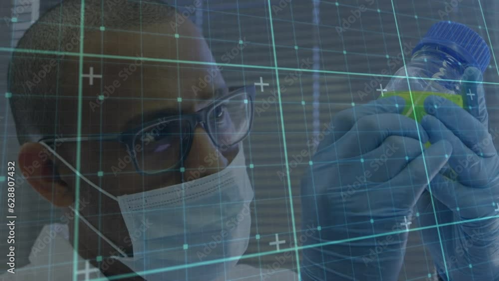 Poster animation of grid pattern over biracial male scientist examining liquid in container