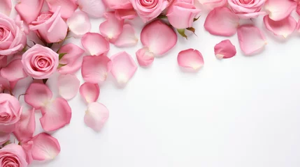 Fototapeten Close up of blooming pink roses and petals on white background.  Decorative romantic banner.  © tashechka