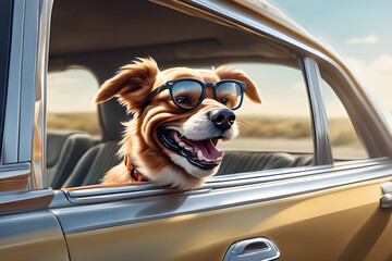 a smiling dog in a running car blowing in the wind through the window