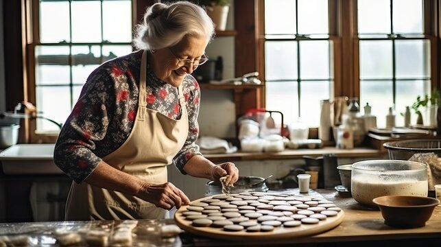 Elder woman baking cookie in her kitchen
