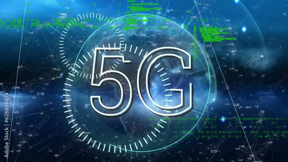 Poster animation of 5g text in circles, computer language over numbers around globe on abstract background