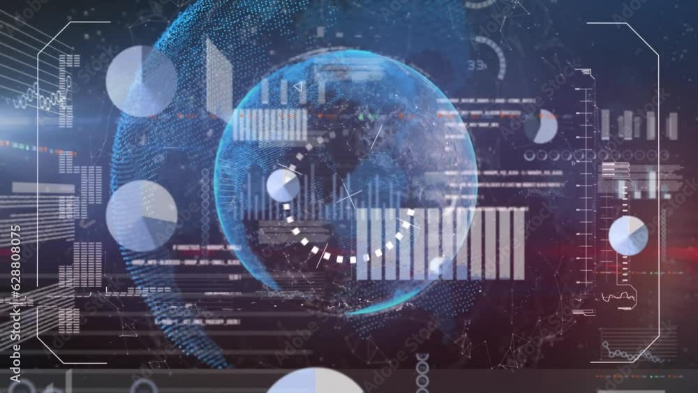 Poster animation of multiple graphs, trading board over connected dots around globes