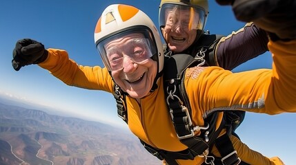 Elder man skydiving, extreme activity