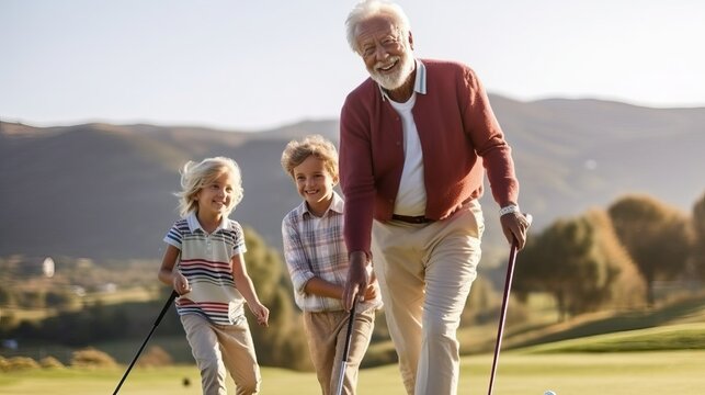 Man in 70s play golf with grandchild