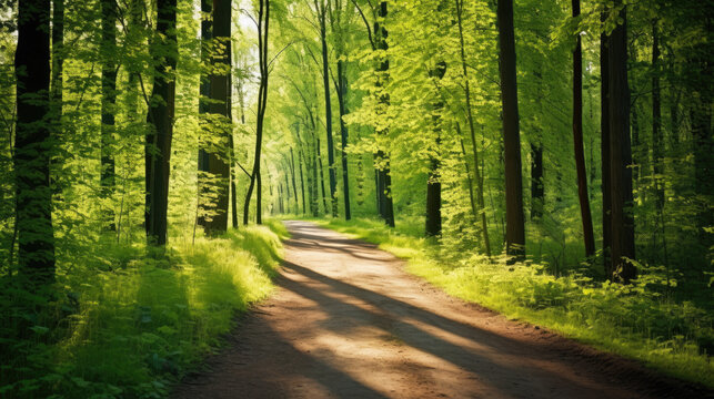 Path in the forest among green trees in summer sunny weather. Generative ai