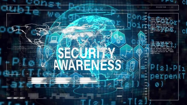 Animation of computer language over loading bars, map security awareness text, icons on globe