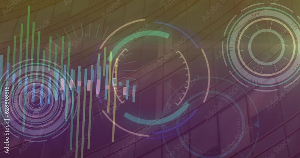 Poster animation of graphs over loading circles against low angle view of building in background
