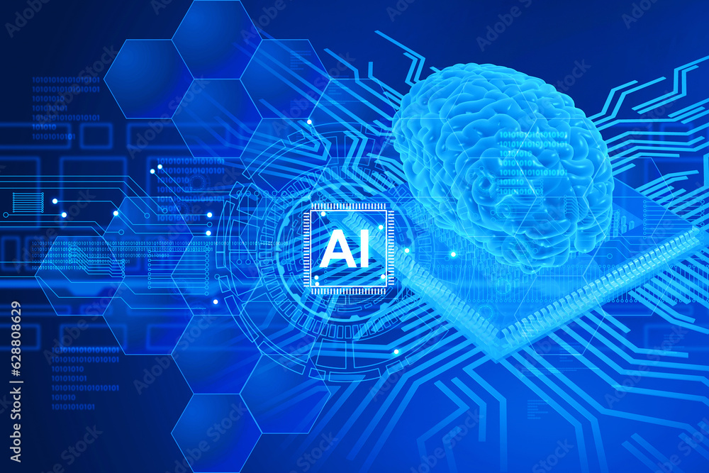 Poster ai brain on circuit board background. 3d illustration..