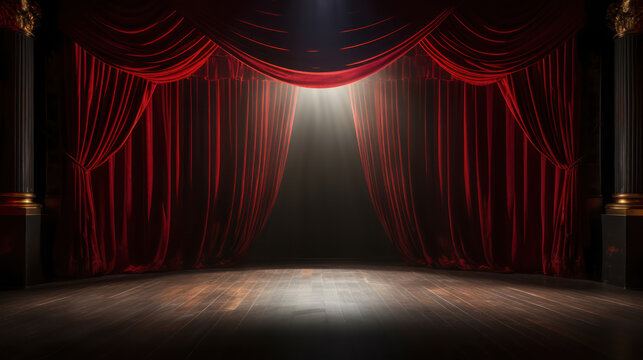 Simple stage with lighting, red curtains, spotlights 