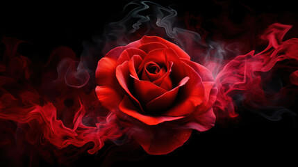 Red rose wrapped in smoke swirl on black background 