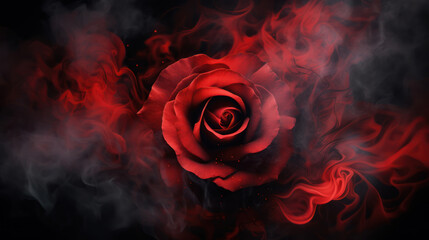 Red rose wrapped in smoke swirl on black background  - obrazy, fototapety, plakaty