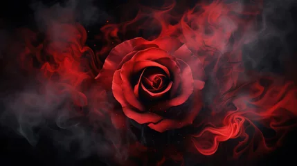 Foto op Plexiglas Red rose wrapped in smoke swirl on black background  © tashechka