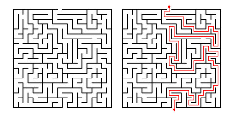 Vector Square Maze. Labyrinth with Included Solution in Black  Red. Funny  Educational Mind Game 