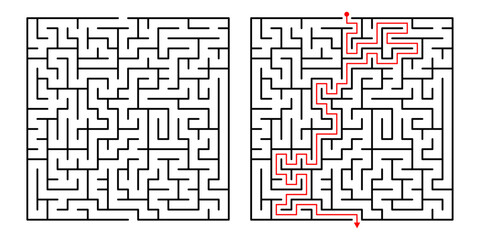 Vector Square Maze. Labyrinth with Included Solution in Black  Red. Funny  Educational Mind Game 