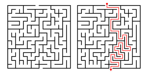 Vector Square Maze. Labyrinth with Included Solution in Black  Red. Funny  Educational Mind Game 
