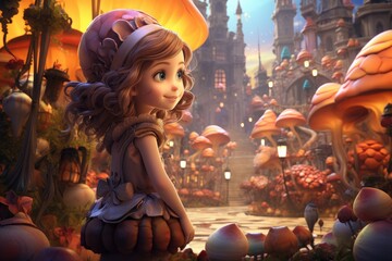 Naklejka premium Cartoon child and the magical city with full of mushrooms in fairy tale