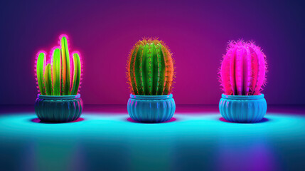 Set colorful neon cactus on dark background. 