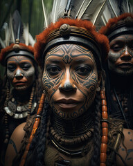Selfie Portrait of a Amazon Tribal Group-Decorative Clothing-Face Paint