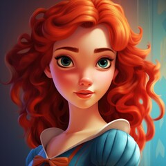 Fototapeta premium Portrait of a cartoon princess with red hair in fairy tale