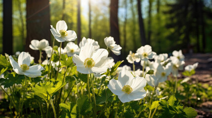 Nature landscape of white petaled flowers in a forest in spring, background. Generative ai