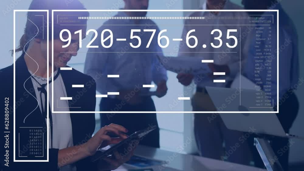 Poster animation of changing numbers and lines over smiling caucasian woman using digital tablet in office