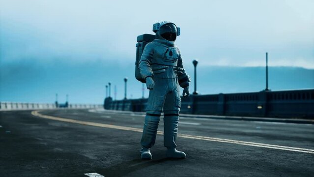 astronaut in space suit on the road bridge