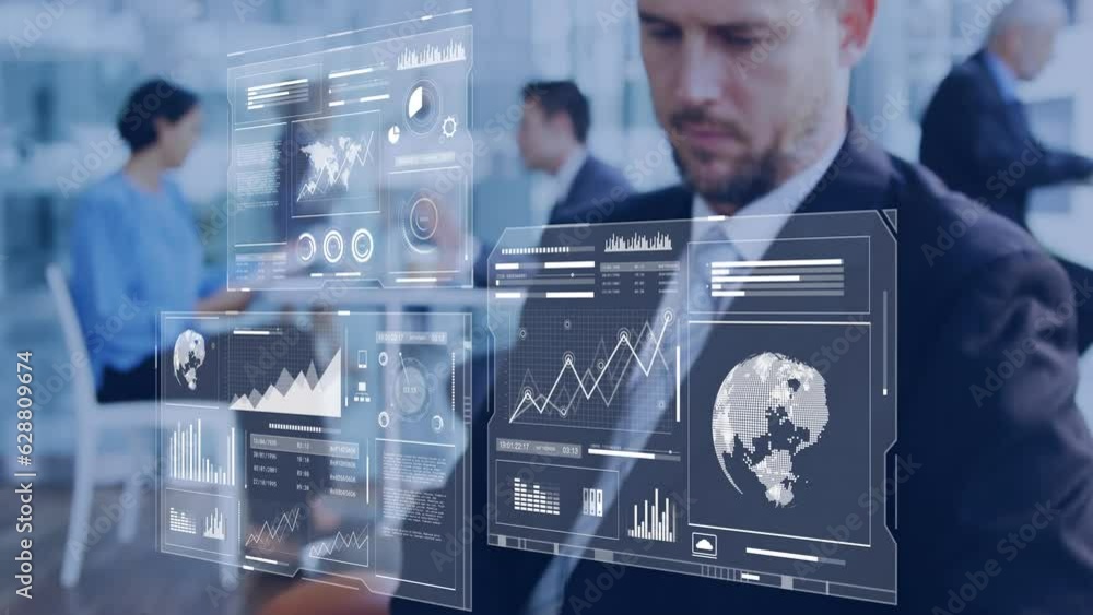 Poster animation of graphs, globes, map, loading bars and circles, caucasian man using digital tablet