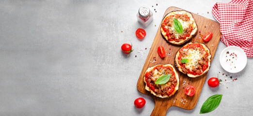 Eggplant Pizza with Tomato Sauce, Minced Meat, Mozzarella and Basil, Mini Vegetable Pizza over...