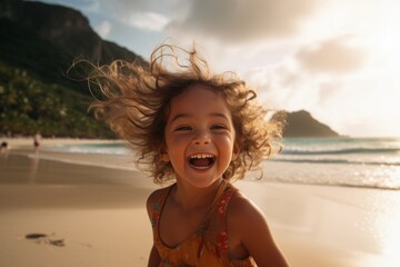 Portait of a Happy Little Girl on a Tropical Summer Beach