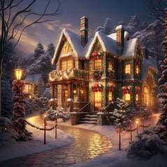 Fototapeta premium nature and architecture background winter landscape house Generative AI technology