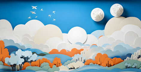 Mountains landscape paper cut decor created  with Generative AI technology