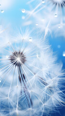 Macro view of white Dandelion seed on blue background. Generative ai