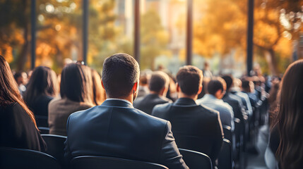 Business people sitting as an audience at a business convention or event in a meeting room listening to a lecture. Back view and blurred background with copy space - obrazy, fototapety, plakaty