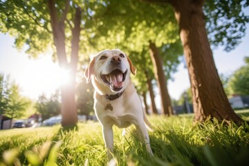 portrait of a happy dog on a bright day outdoors playing