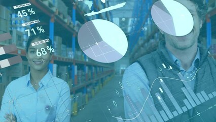 Animation of infographic interface over smiling diverse coworkers standing in warehouse - Powered by Adobe