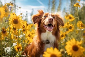 portrait of a happy dog in on a fair weather afternoon in a beautiful field with sunlight