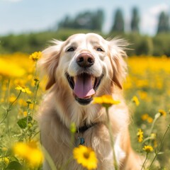 portrait of a happy dog in on a fair weather afternoon in a beautiful field with sunlight