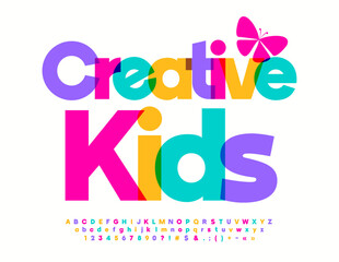 Vector funny logotype Creative Kids. Creative Bright Font. Colorful Alphabet Letters, Numbers and Symbols