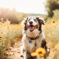 Fototapeta premium portrait of a happy dog in on a fair weather afternoon in a beautiful field with sunlight