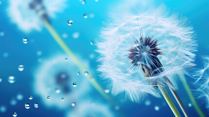 Light blue Dandelion flower seeds and rain droplets close-up background. Generative ai