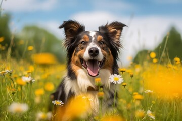 portrait of a happy dog in on a fair weather afternoon in a beautiful field with sunlight
