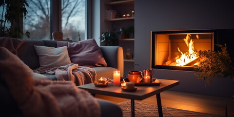 cozy room with sofa ,candle light and kamin on front evening windows ,urban city life modern design - 628811400