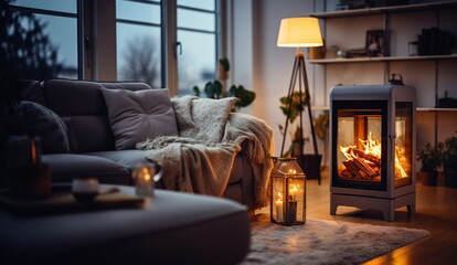 cozy room with sofa ,candle light and kamin on front evening windows ,urban city life modern design