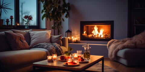 cozy room with sofa ,candle light and kamin on front evening windows ,urban city life modern design - 628811451