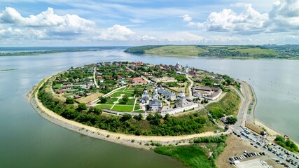 Aerial shot of the town-island of Sviyazhsk. UNESCO world heritage in Russia. An island at the...