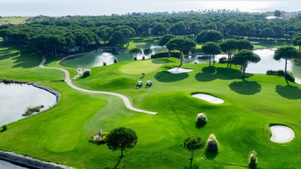Top view of two men playing golf on a sunny summer day. Aerial view of the green golf course....