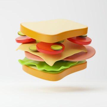 Falling sandwich isolated over white background. Fast food concept. 3D rendering.