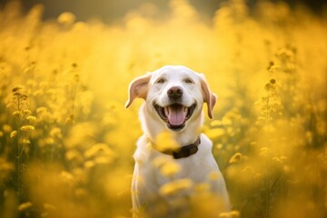 portrait of a happy summer dog outdoors in a field landscape